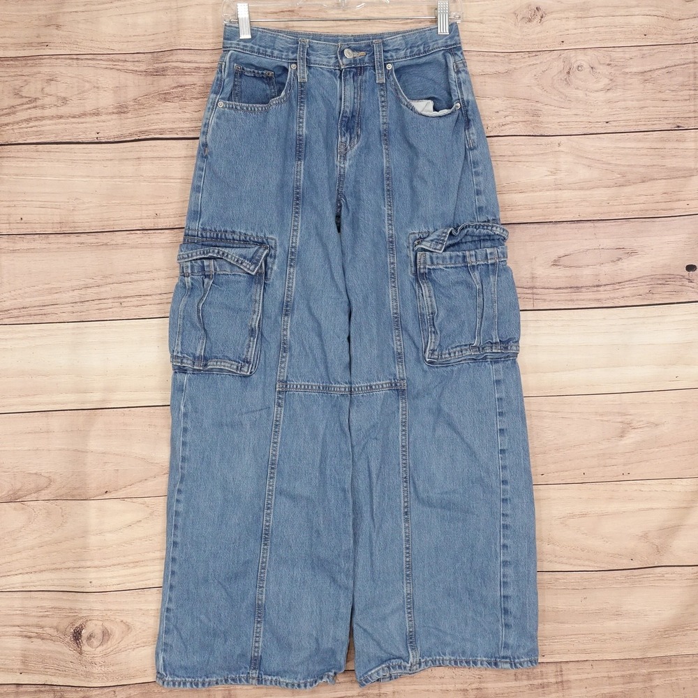 Old Navy High-Rise Baggy Wide-Leg Cargo Jeans Womens? 16 26x28 Denim **READ